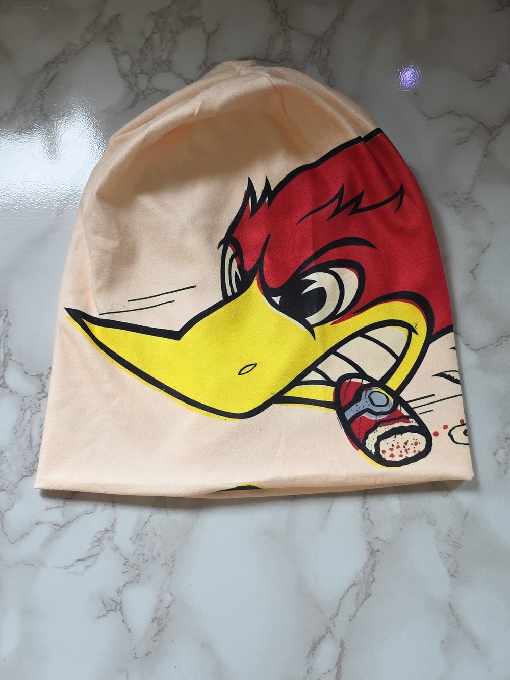 Woody Woodpecker Cigar-Chomping Cream Comic Print Skull Cap 2-Sided Beanie NEW